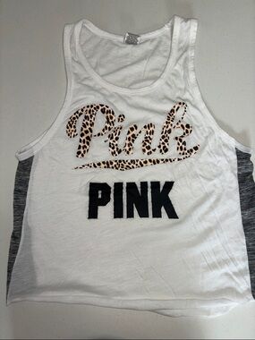 PINK Victoria's Secret White Tank with Leopard Script & Black Logo